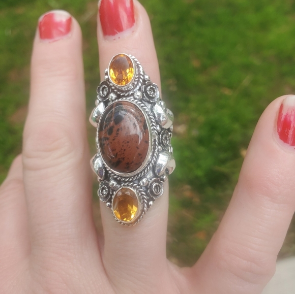 New Witchy Mahogany Obsidian & Citrine 925 Silver Statement Ring. - Picture 6 of 16